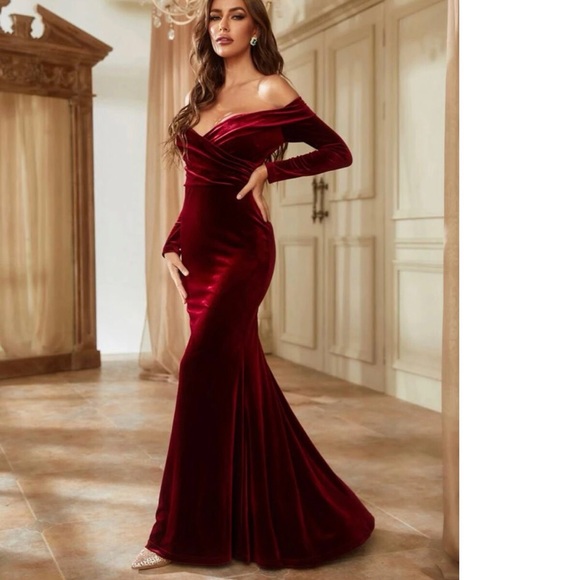 Party evening dress gown velvet long maxi off shoulder sexy burgundy red - Picture 3 of 7